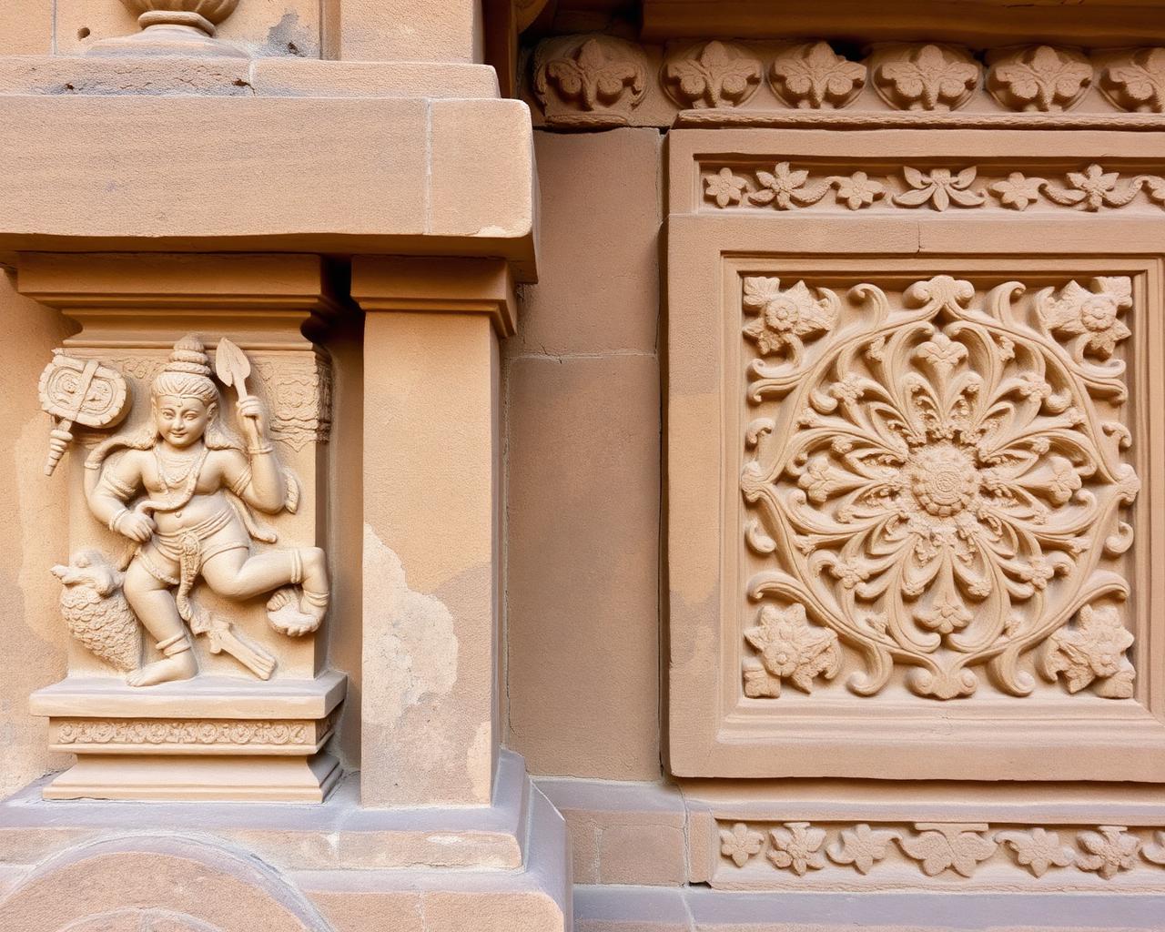 Deity relief beside Islamic floral panel