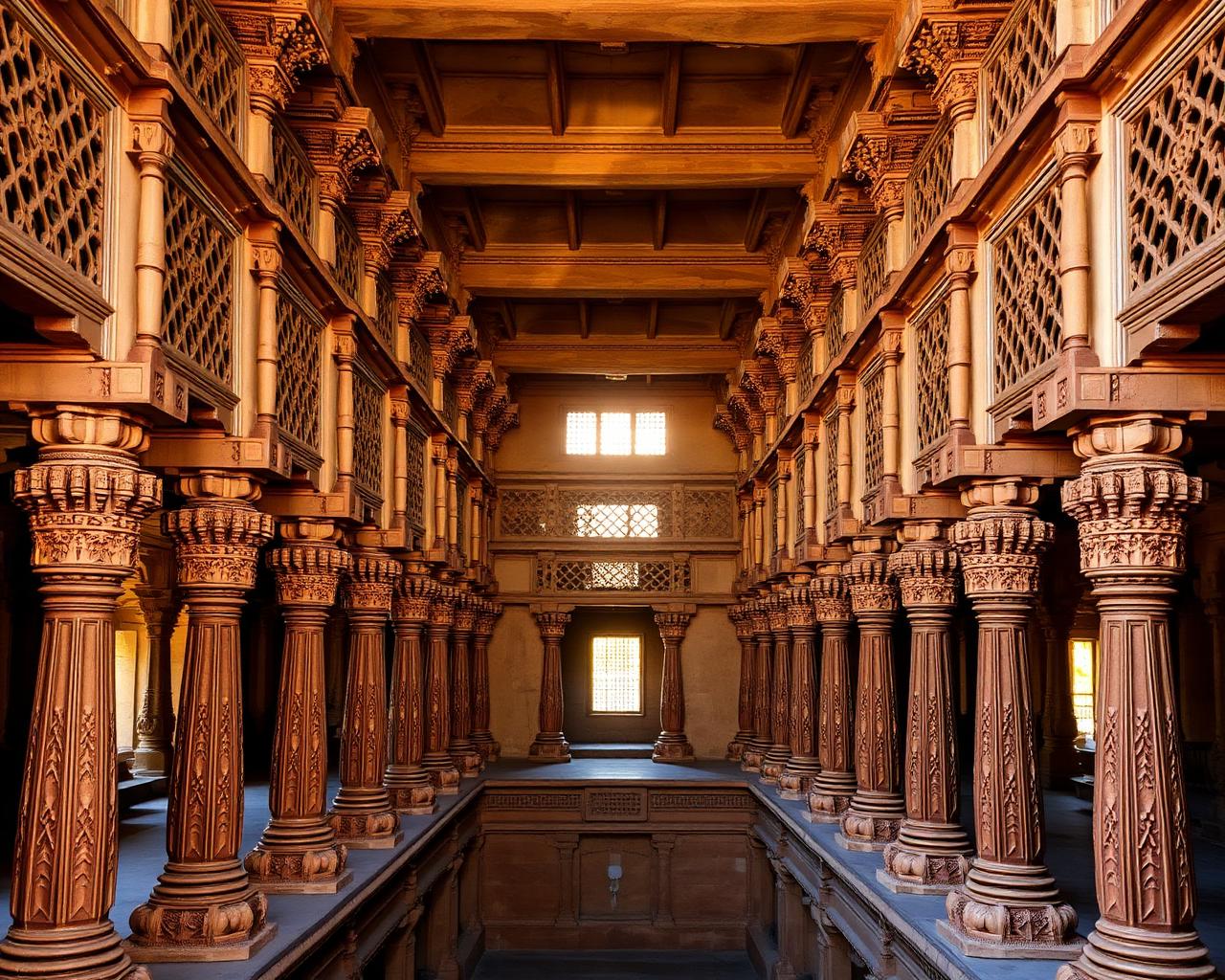Carved columns and jali screens inside the well