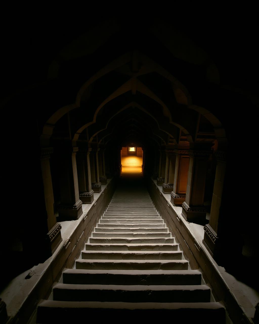 Long stone staircase descending under arches toward light