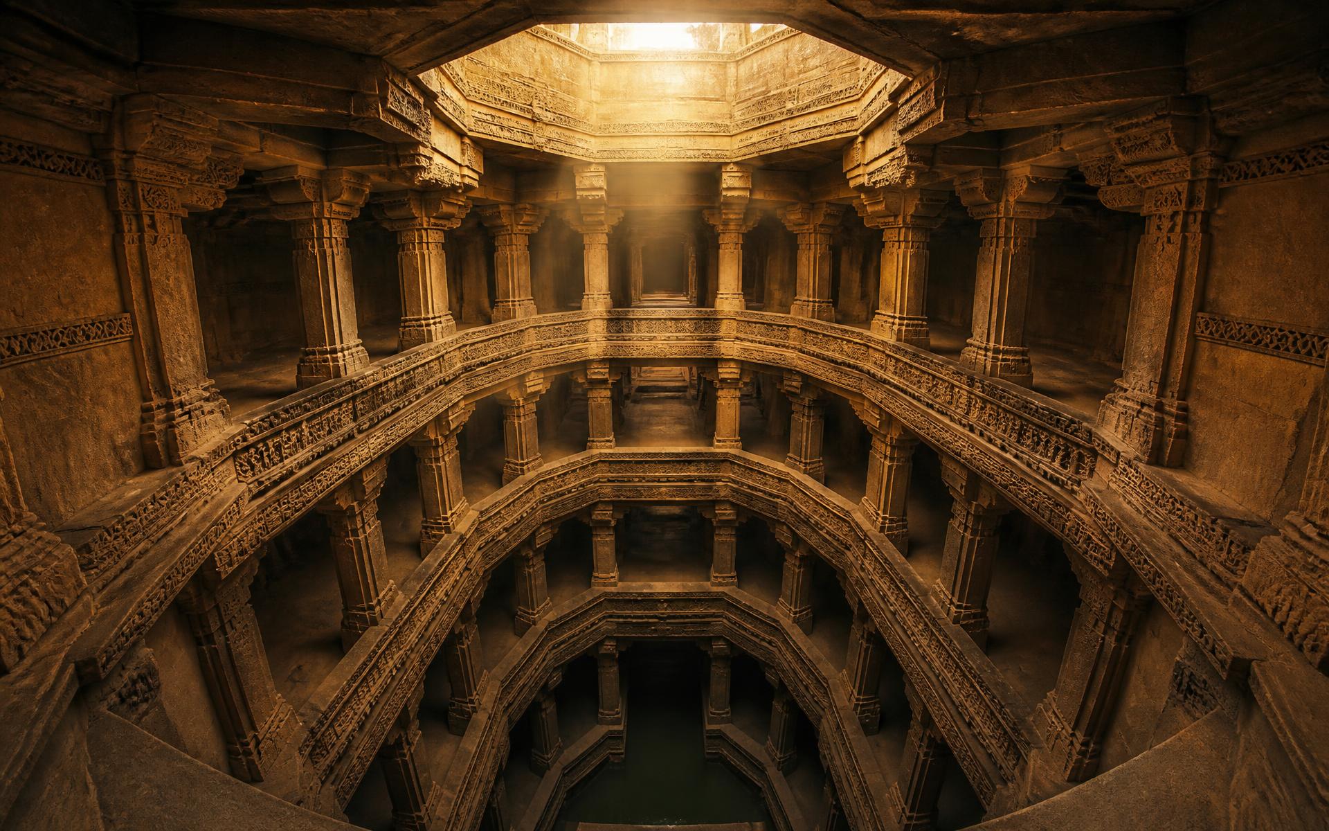 Full depth of Adalaj Stepwell seen from the top storey
